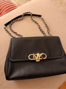 Michael Kors Black Leather Shoulder Bag with Gold MK Accent